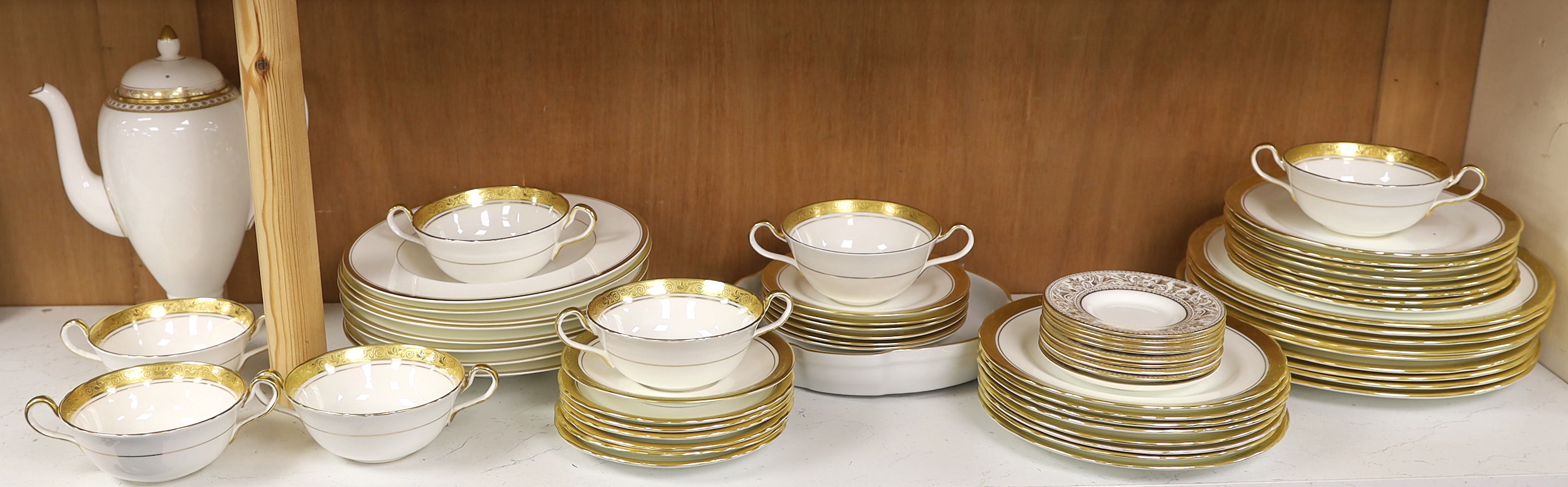 Anysley Argosy, Wedgwood Gold Florentine, Worcester gold decorated dinner wares including coffee pot, soup bowls, twin handled bowls and plates